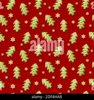Vector Christmas seamless pattern with tree gingerbread cookies and snowflakes. Stock Vector
