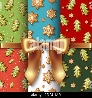 Big vector collection of Christmas seamless patterns with gingerbread cookies, trees and snowflakes. Stock Vector