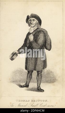 Thomas Britton, the musical small coal-man, 1644-1714. Famous for his concerts, library of antiquarian music, collection of musical instruments. Depicted with his coal sack and measure.  Lithograph after a stipple engraving by R. Page from Henry Wilson and James Caulfield’s Book of Wonderful Characters, Memoirs and Anecdotes, of Remarkable and Eccentric Persons in all ages and countries, John Camden Hotten, Piccadilly, London, 1869. Stock Photo
