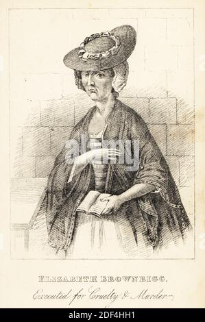 Elizabeth Brownrigg, executed for cruelty and murder. Hanged at Tyburn in 1767 for the torture and murder of her domestic servant Mary Clifford. Lithograph after a stipple engraving by Robert Cooper from Henry Wilson and James Caulfield’s Book of Wonderful Characters, Memoirs and Anecdotes, of Remarkable and Eccentric Persons in all ages and countries, John Camden Hotten, Piccadilly, London, 1869. Stock Photo