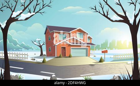 illustration winter city street with big and cozy family house in the countryside and christmas decorations. Stock Vector