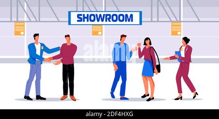 People in showroom hall - visitors and vendors presenting company. Appliances, furniture or cars showroom or exhibition. Expo centre interior with bus Stock Vector