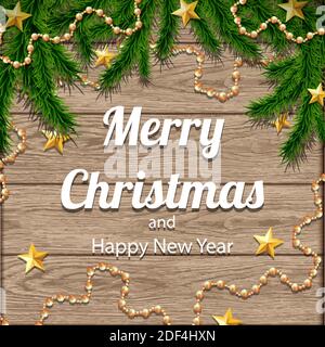 Christmas tree border background on wooden tiles with decorations and fir branches. Stock Vector