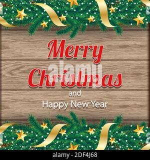 Christmas tree border background on wooden tiles with decorations and fir branches. Stock Vector
