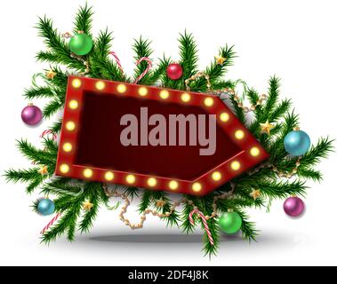 Christmas colorful retro sign with fir branches and decorations. Stock Vector