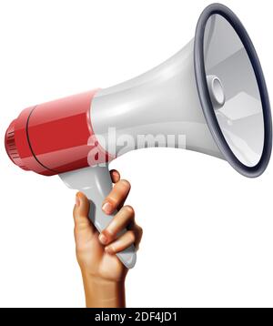 3d realistic loudspeaker in the hand of young person. Isolated on white background. Stock Vector