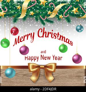 Christmas tree border with decorations and fir branches, shiny balls and ribbon with bow. Stock Vector