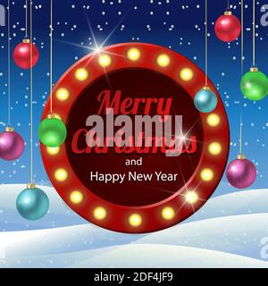 Trendy 2020 banner with round red sign and hanging christmas colorful balls on a winter background. Easy design element. With space for your text. Stock Vector