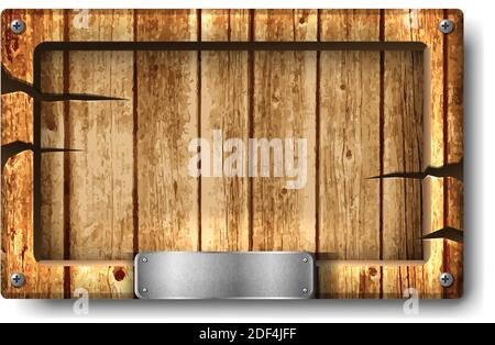 wooden signboard in old vintage wood with cracks and metal plate on it. Isolated on white background. Stock Vector