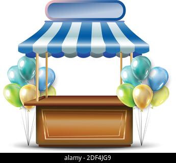 isolated illustration on white background. Celebration booth or kiosk with many colorful balloons and sign board for your text there. Stock Vector