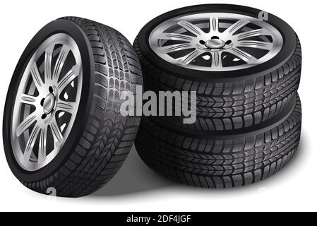 realistic vector new car tires, wheels with alloy rims. Isolated on white background. Stock Vector