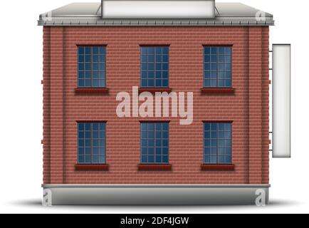 realistic icon of red bricks building with side and top banner on the roof. Stock Vector