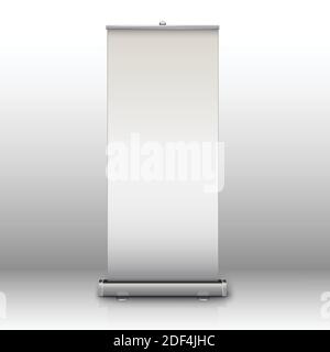 realistic vector blank roll-up banner with shadow isolated on gray background. Stock Vector