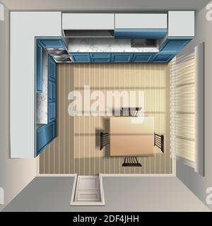 realistic advertisement modern kitchen in top view with big window and build in oven and sink. Stock Vector