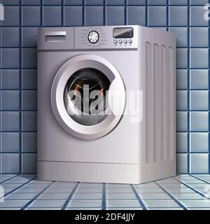 realistic vector clothes washer in perspective view on the bathroom blue tile floor, template for cover or banner. Stock Vector