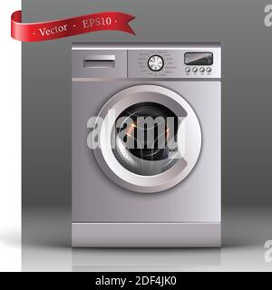 realistic vector washing machine in front view on the gray background, template for cover or banner. Stock Vector
