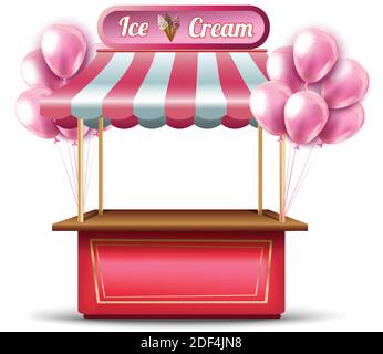 pink ice cream opening shop booth icon with balloons. Stock Vector