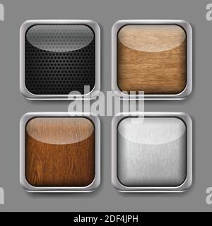 Vector realistic set of app buttons. Icons with metal modern frame and wooden, metallic, carbon finish. Stock Vector