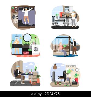 Man daily life set, flat vector illustration. Daily morning routine, everyday activities, healthy lifestyle. Stock Vector