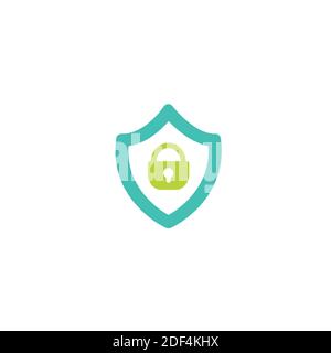 Blue shield silhouette with green lock sign. Vector flat icon isolated on white. security sign. protection emblem Stock Vector