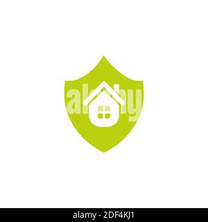 Green shield with home inside. Vector flat icon isolated on white. security sign. protection emblem. Safe home. Home office Stock Vector