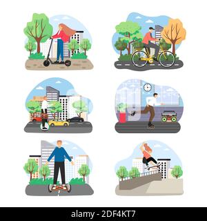 Eco city transport set flat vector illustration. People roller skating, skateboarding, riding bicycle, electric scooters Stock Vector