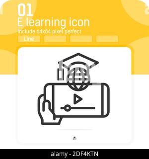 E learning on smartphone icon with outline style isolated on white background. Vector illustration Elearning sign symbol icon concept for web design Stock Vector