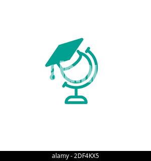 Blue globe icon with graduation cap or mortar board isolated on white. line flat Earth planet. study, education and mental outlook metaphor. School, c Stock Vector