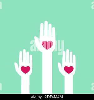Turquoise background with hands holding hearts. charity, philanthropy, support, giving, help, love concept Flat vector illustration Stock Vector