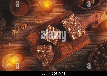 Chocolate cookies bars on wooden background, flat lay shot Stock Photo