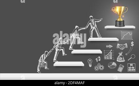Business people team silhouettes climbing up stairs to trophy cup on the top, vector illustration. Stock Vector