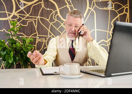 Portrait of senior businessman reading agreement details and talking on phone with colleague Stock Photo