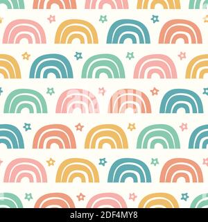 Rainbow pattern design, cute vector seamless repeat background of colourful rainbows and stars.  Stock Vector