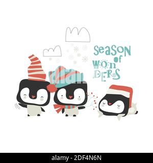 Cartoon cute penguins celebrating Christmas on white background Stock Vector