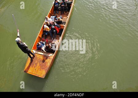 Looking down on a Punt on the River Cam, Cambridge, with tourists and punt guide Stock Photo