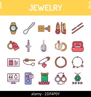 Jewelry color line icons set. Isolated vector element. Stock Vector