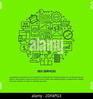 SEO services round concept banner with place for text. Search engine optimization poster in line style. Vector illustration. Stock Vector