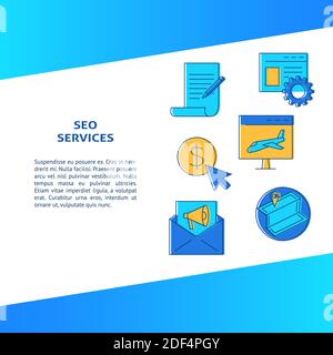 SEO services banner in line style with place for text. Poster with search engine optimization icons. Vector illustration. Stock Vector