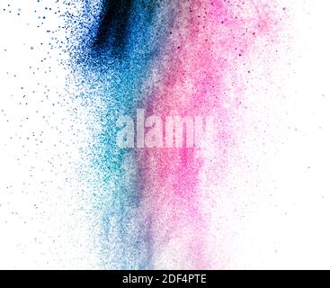 Color powder splash isolated on white background. Blue and purple dust explosion wallpaper. Abstract colorful neon cloud texture. Stock Photo