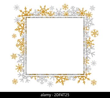 Merry Christmas and A Happy New Year holiday border with golden and silver snowflakes. Winter seasonal backdrop. White sheet of paper,  creative eleme Stock Vector