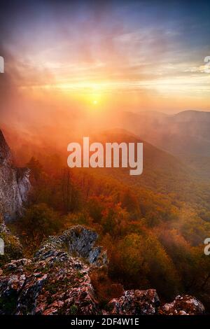 Beautiful summer landscape in the mountains with the sun at dawn Stock Photo