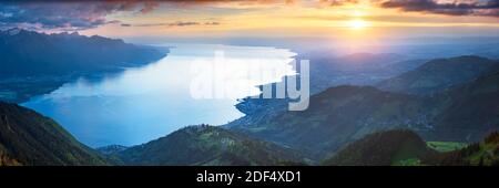 geography/travel, Switzerland, Vaud, Veytaux, Summer sunset over lake Geneva seen from Rochers de Nay, Additional-Rights-Clearance-Info-Not-Available Stock Photo