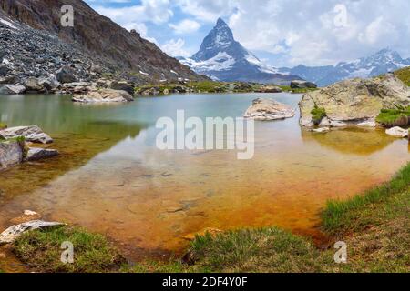 geography / travel, Switzerland, Wallis, Zermatt, View of the Matterhorn from lake Riffelse, Additional-Rights-Clearance-Info-Not-Available Stock Photo
