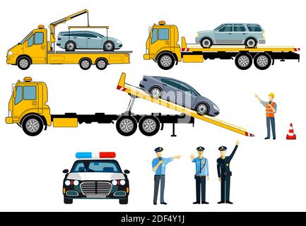 Cars on tow truck with police, isolated on white background. - vector illustration Stock Vector