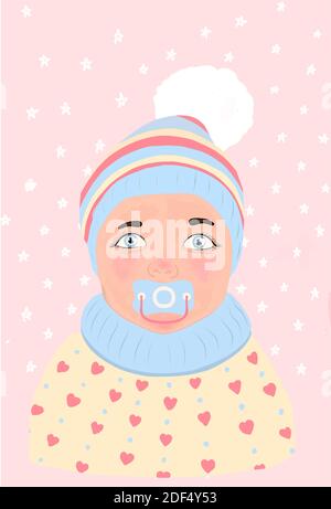Pink baby with pacifier in trendy style on soft background. Trendy vector style. Trendy retro style.Modern design. Stock Vector