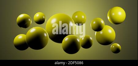 Abstract floating hovering round spheres, globes or balls, cgi render illustration, background wallpaper rendering, colorful lighting, yellow, glossy Stock Photo