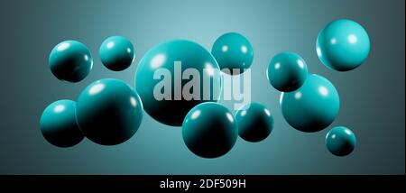 Abstract floating hovering round spheres, globes or balls, cgi render illustration, background wallpaper rendering, colorful lighting turquoise glossy Stock Photo