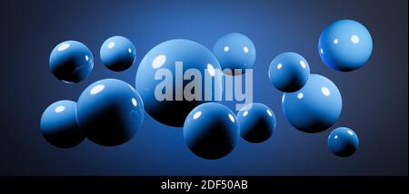 Abstract floating hovering round spheres, globes or balls, cgi render illustration, background wallpaper rendering, colorful lighting, blue, glossy Stock Photo