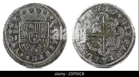 An ancient Spanish silver coin of the King Felipe V. 1717. Coined in ...