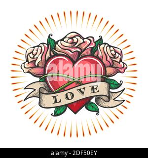 Heart and Rose Flowers with ribbon. Love Theme Tattoo isolated on white. Vector illustration. Stock Vector
